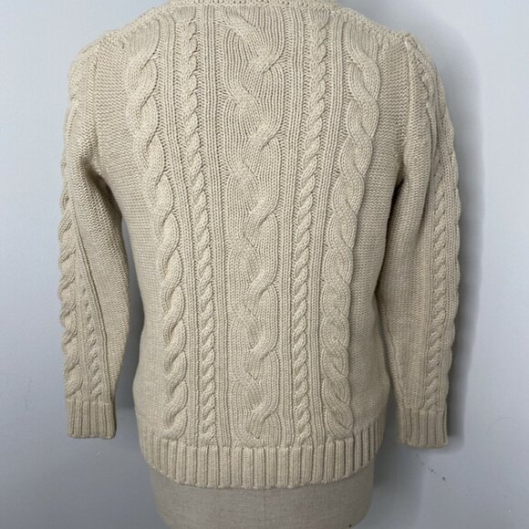 LL Bean Cable Knit Sweater Women's L Cream Cotton Fisherman Crew Neck Classic - Picture 4 of 6